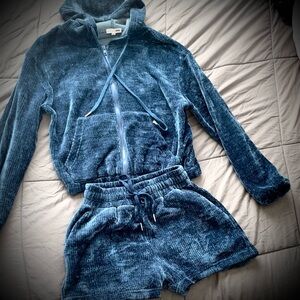 Fashion Nova Blue Velour Tracksuit Hoodie and Short Set Size XS